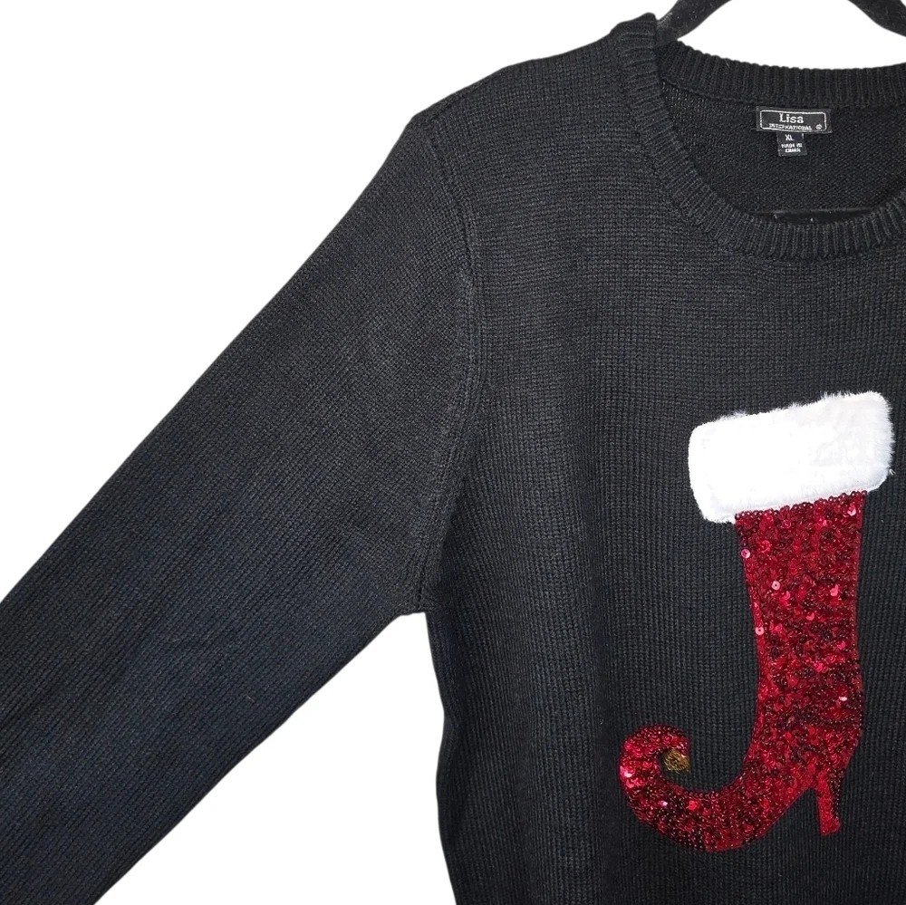 Lisa International Christmas Sweater Sequin Faux Fur Stocking Santa Elf Boot XL - Picture 3 of 10